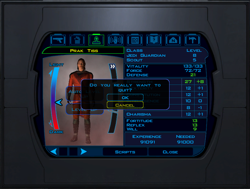 Image showing the Quit Game pop-up overlaid on the Character Screen