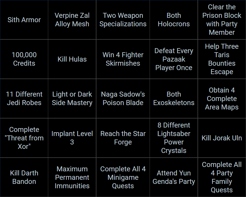 Image of an example Bingo card, with a 5x5 grid of KotOR tasks