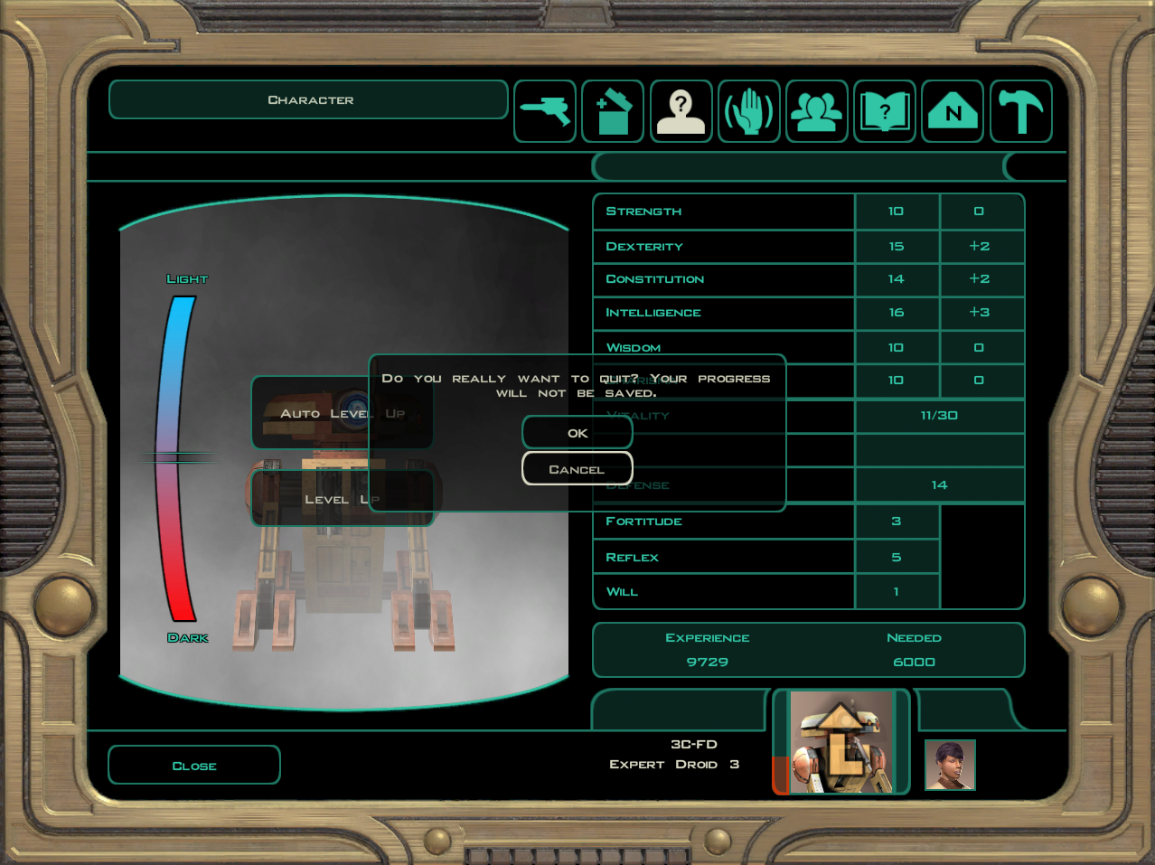 Image showing the Quit Game pop-up overlaid on the Character Screen